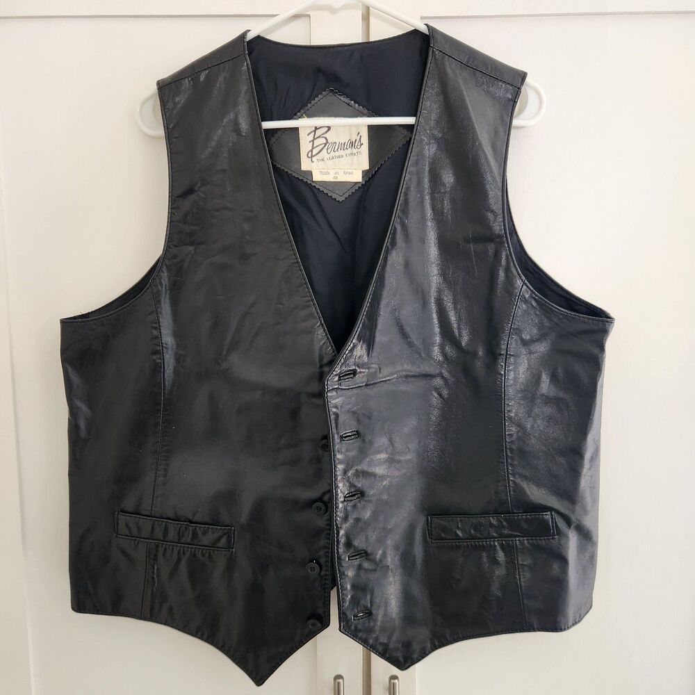 Bermans Vintage Leather Vest Black Size 48 Western Dandy Festival Motorcycle